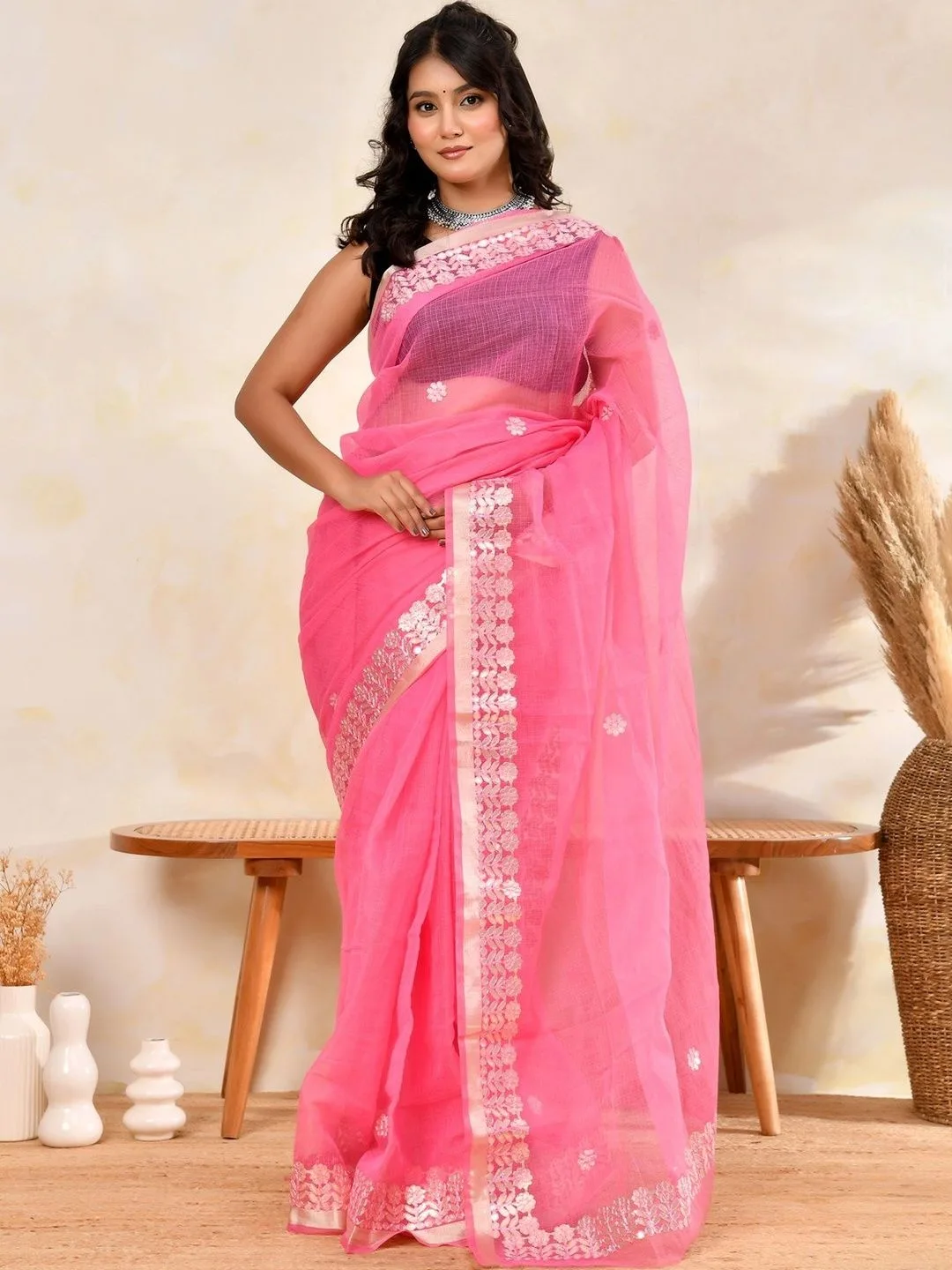 Pink Kota Doria Gota Patti Cotton Blend Saree with Zari Border