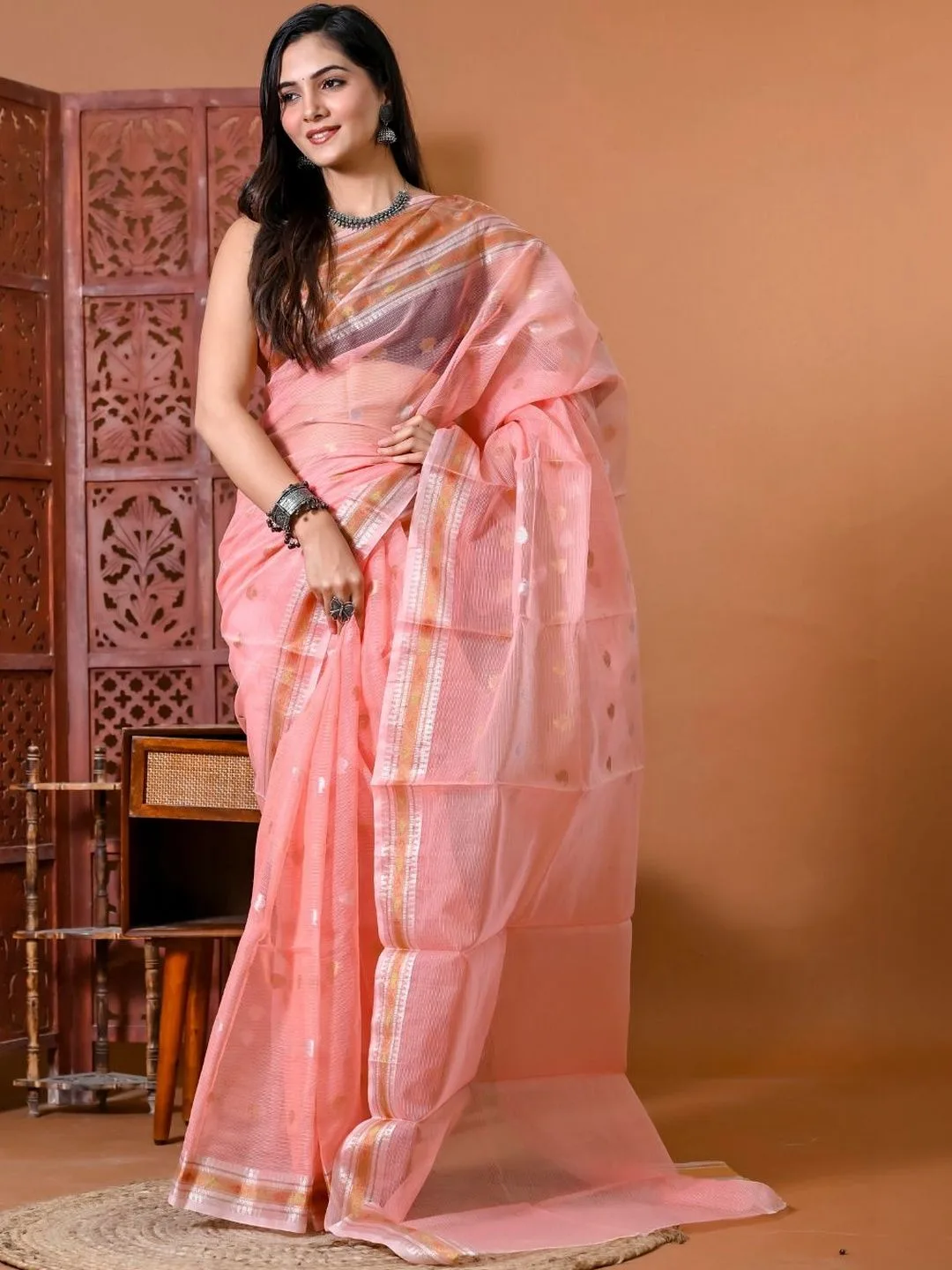 Pink Kota Doria Zari Design Saree