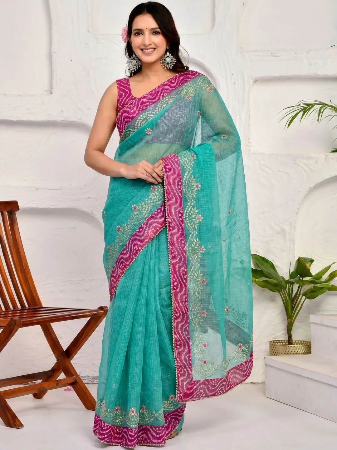 Sea Green Kota Doria Ethnic Motifs Mirror Work Saree — front