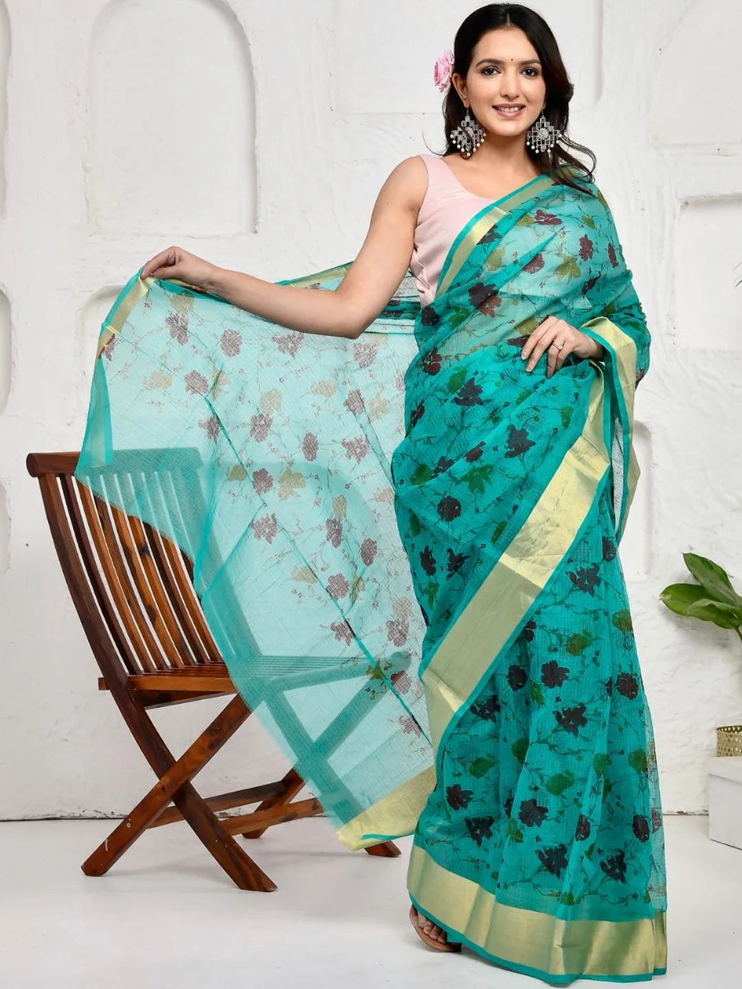 Sea Green Floral Pure Cotton Saree