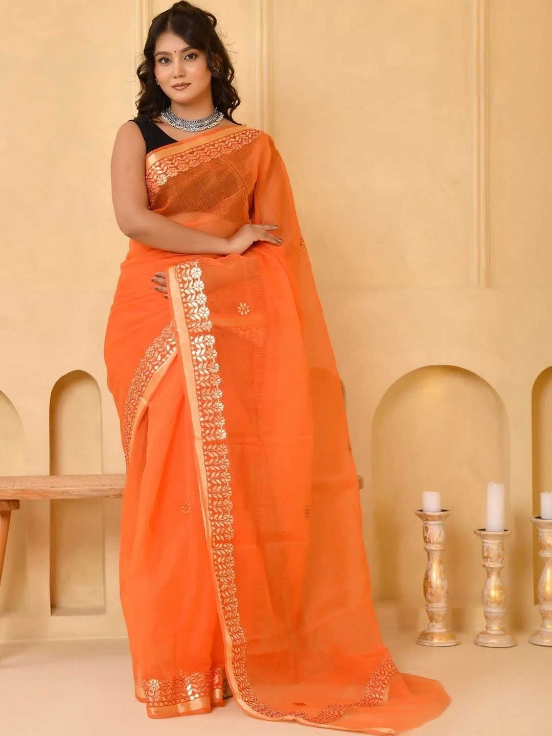 Tangerine Orange Kota Doria Gota Patti Saree