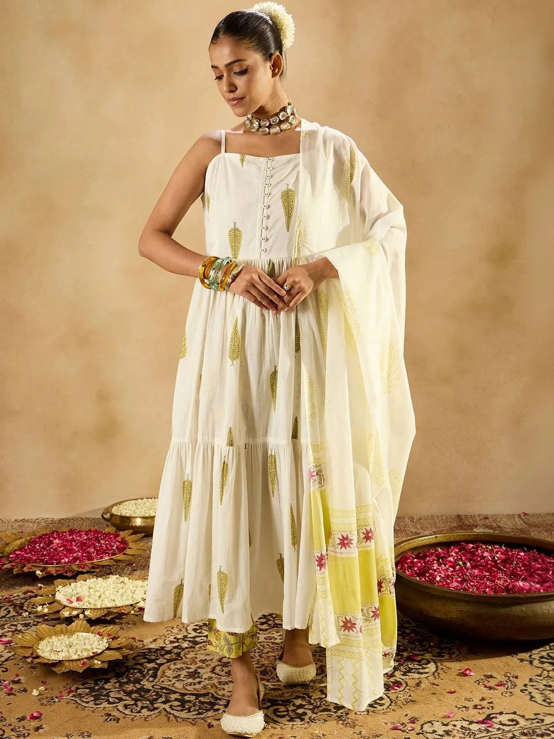 White Ethnic Motifs Printed Tiered Cotton Kurta Set