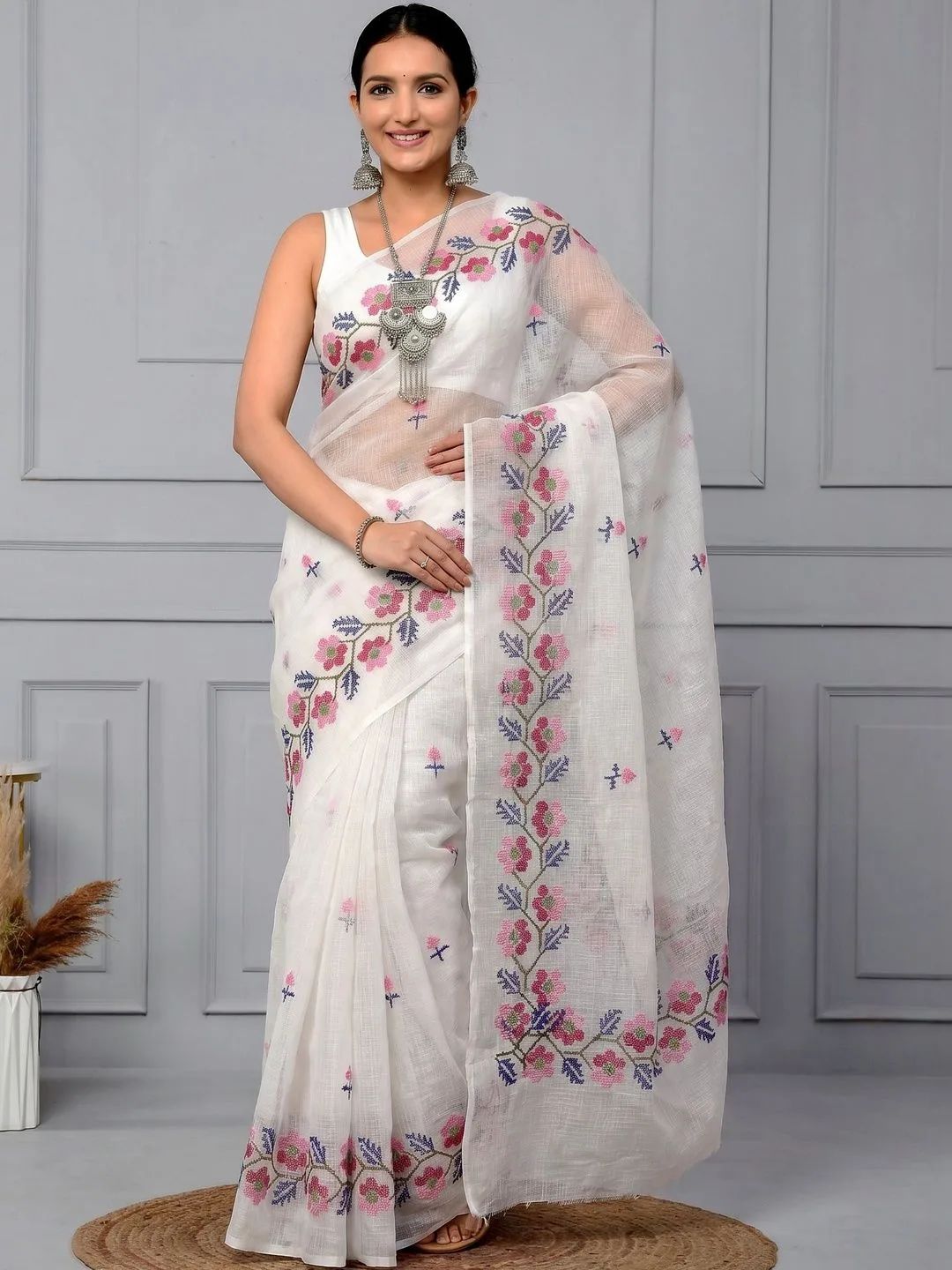 White Kota Doria Floral Embroidered Saree — front
