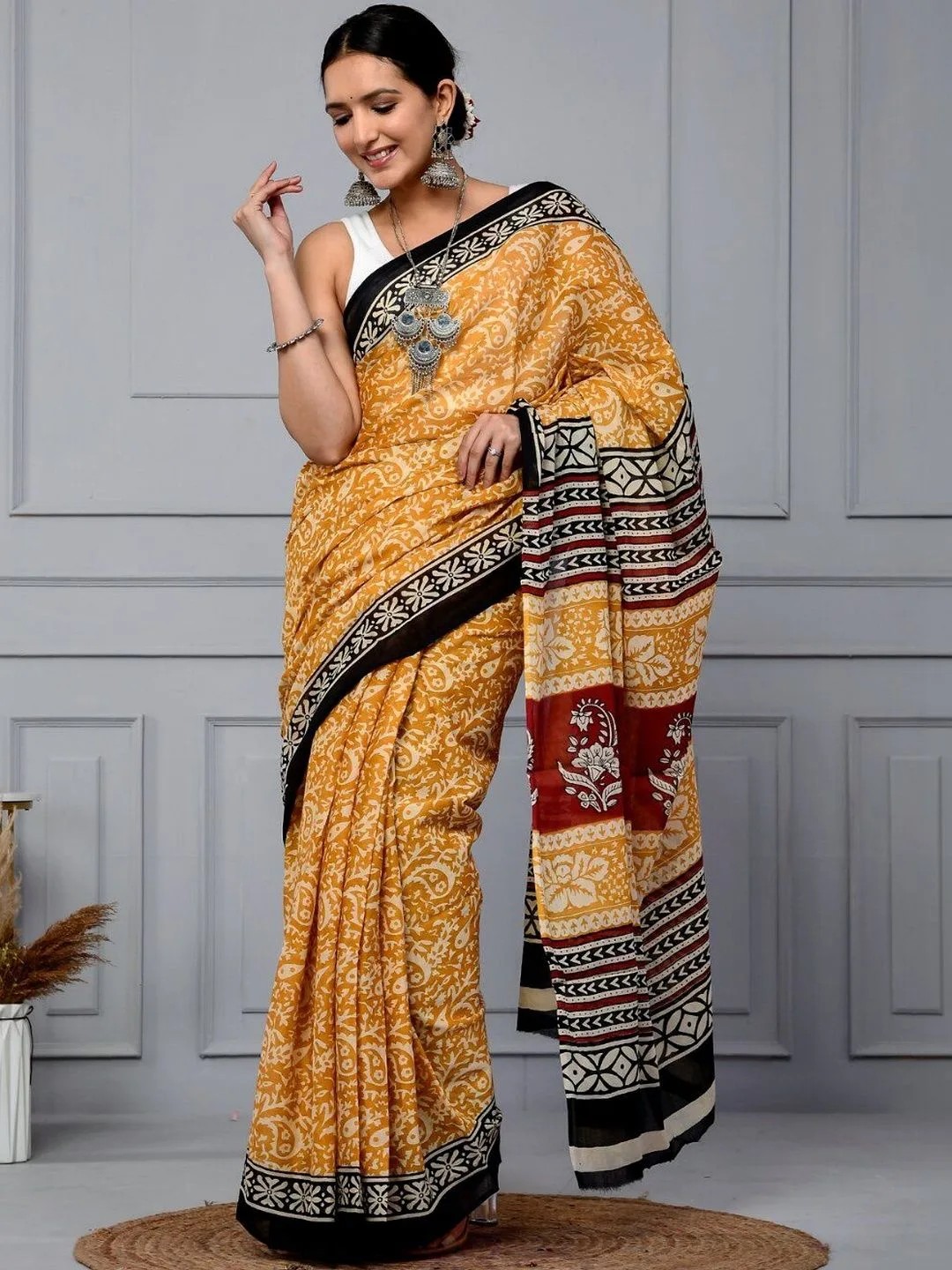 Yellow Pure Cotton Block Printed Saree
