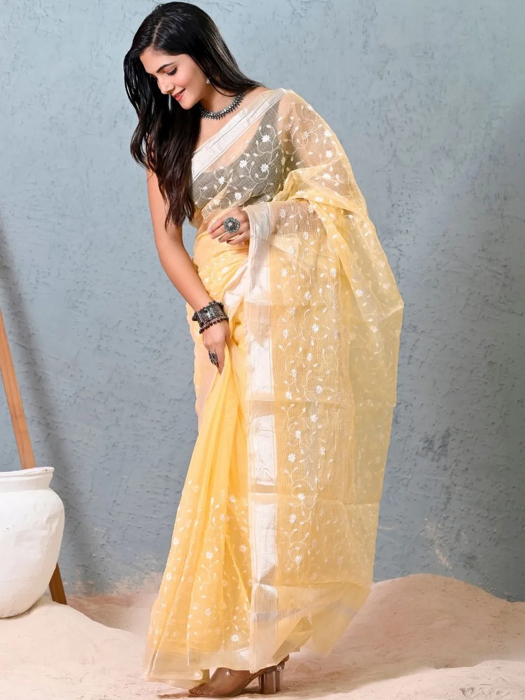 Yellow Floral Embroidered Saree