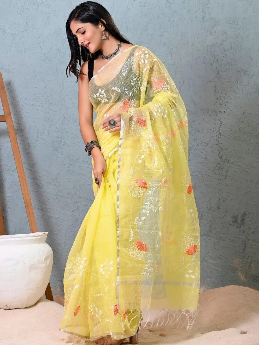Yellow Silk Cotton Floral Embroidered Saree — front
