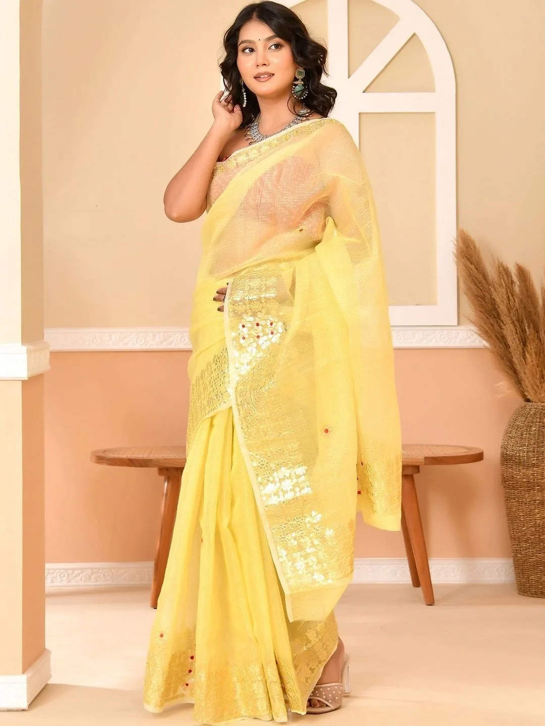 Yellow Kota Doria Gota Patti Saree with Embellished Border
