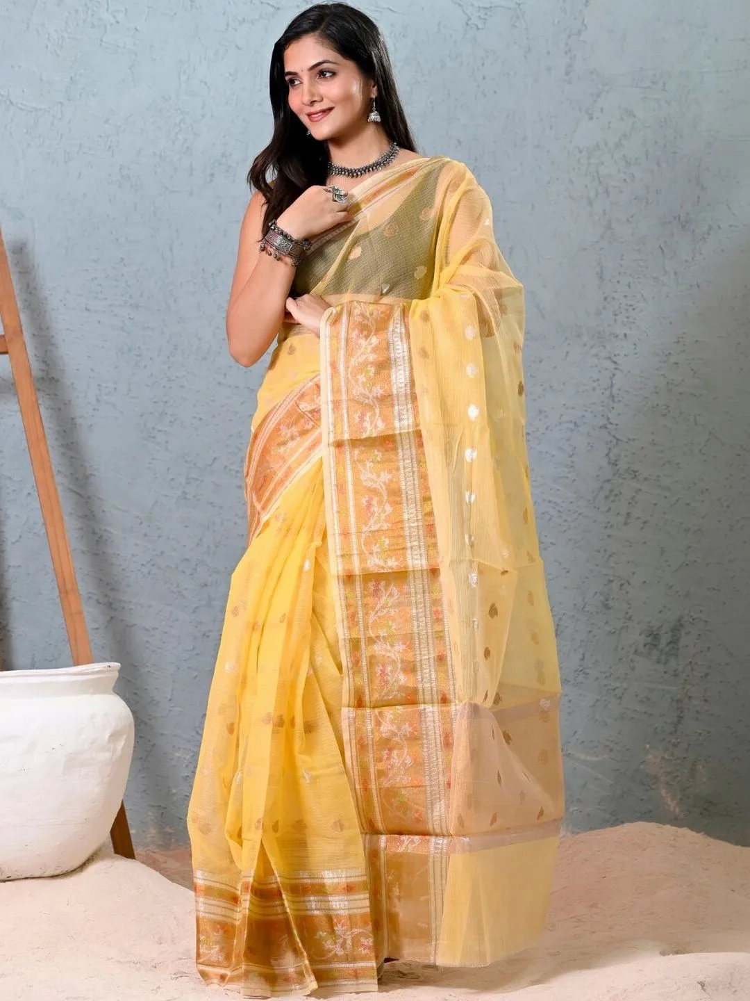 Yellow Kota Doria Zari Design Saree