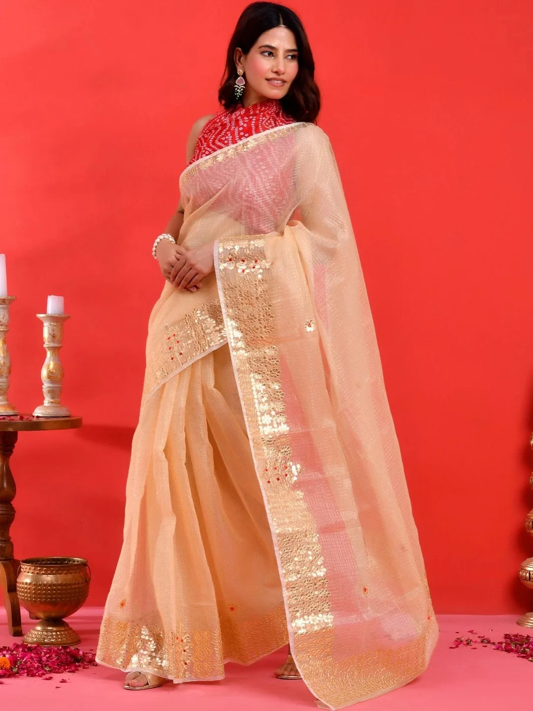 Beige Kota Doria embroidered saree — back