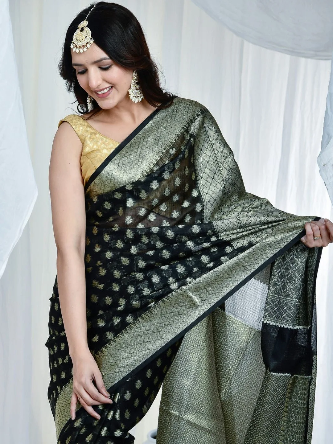 Black Kota Doria Banarasi saree — drape