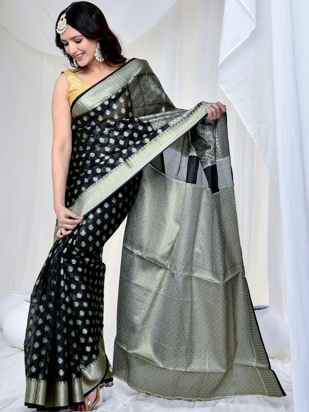 Black Kota Doria Banarasi saree — side