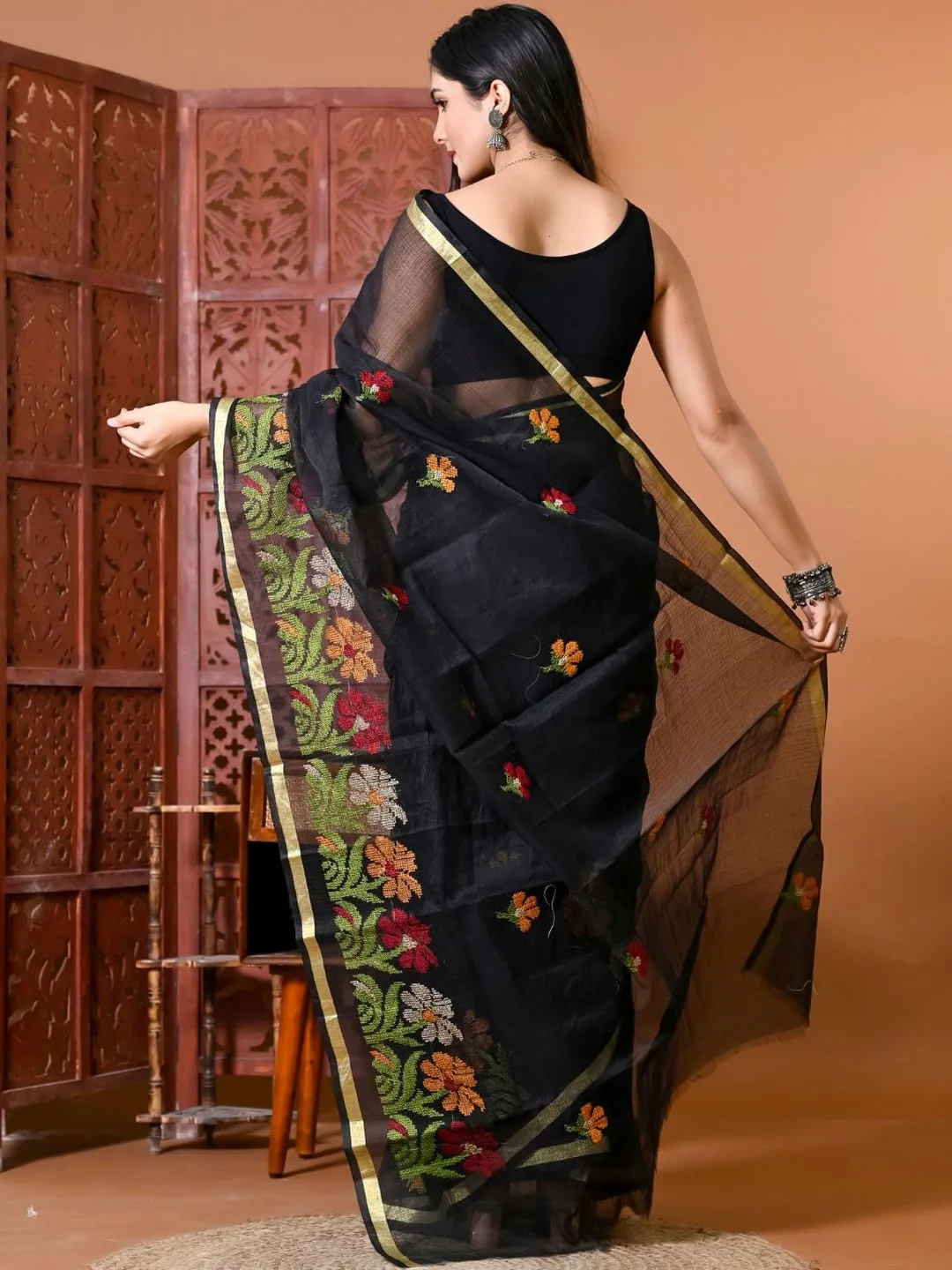 Black Kota Doria floral embroidered saree — front drape