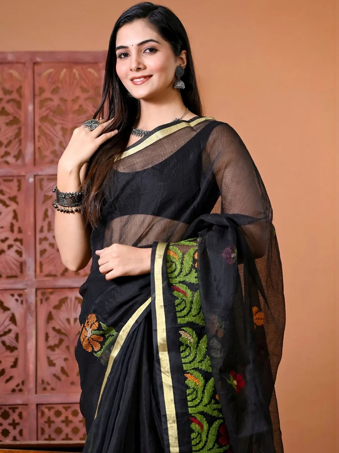 Black Kota Doria floral embroidered saree — side view