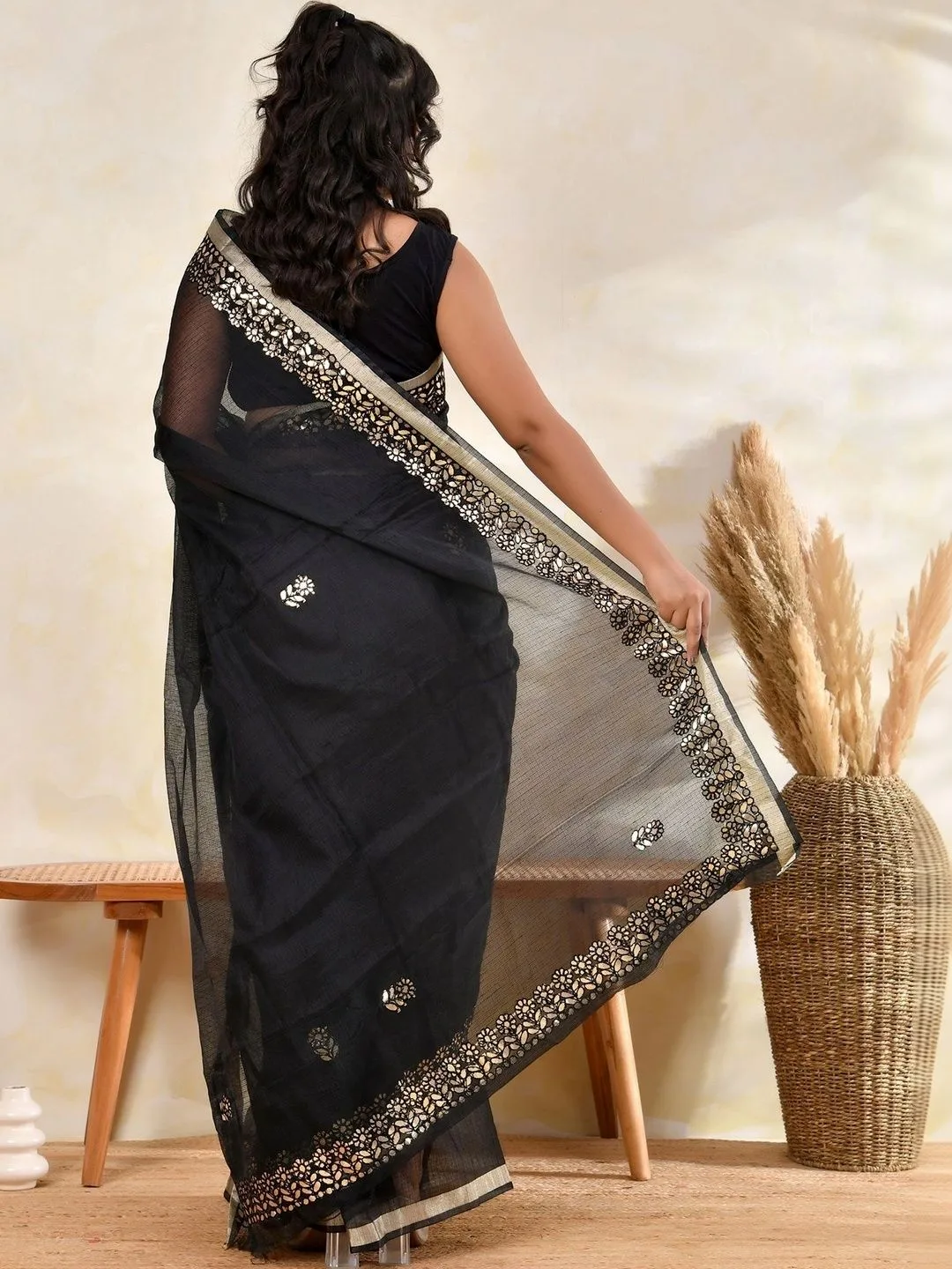 Black Kota Doria gota patti saree — back drape