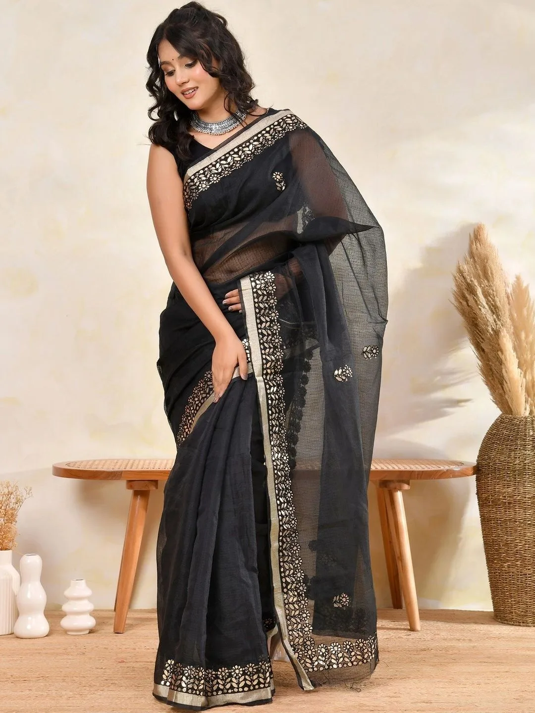 Black Kota Doria Gota Patti Saree with Embellished Border