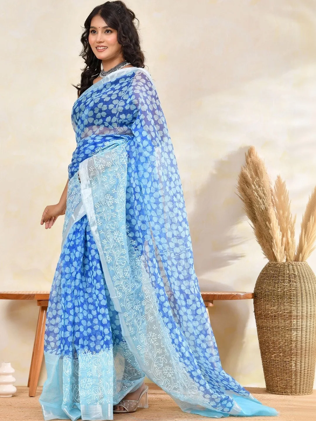 Blue Kota Doria floral embroidered saree — drape