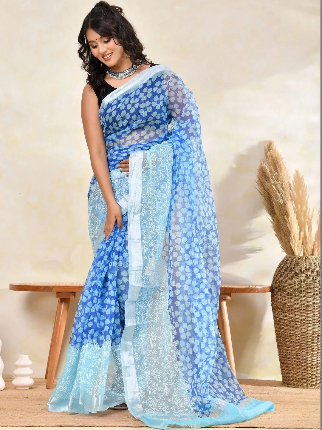 Blue Kota Doria Floral Embroidered Saree