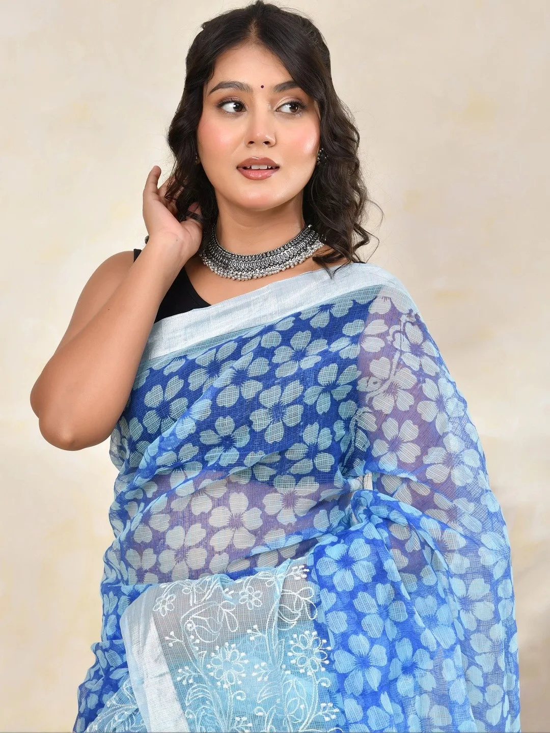 Blue Kota Doria floral embroidered saree — side