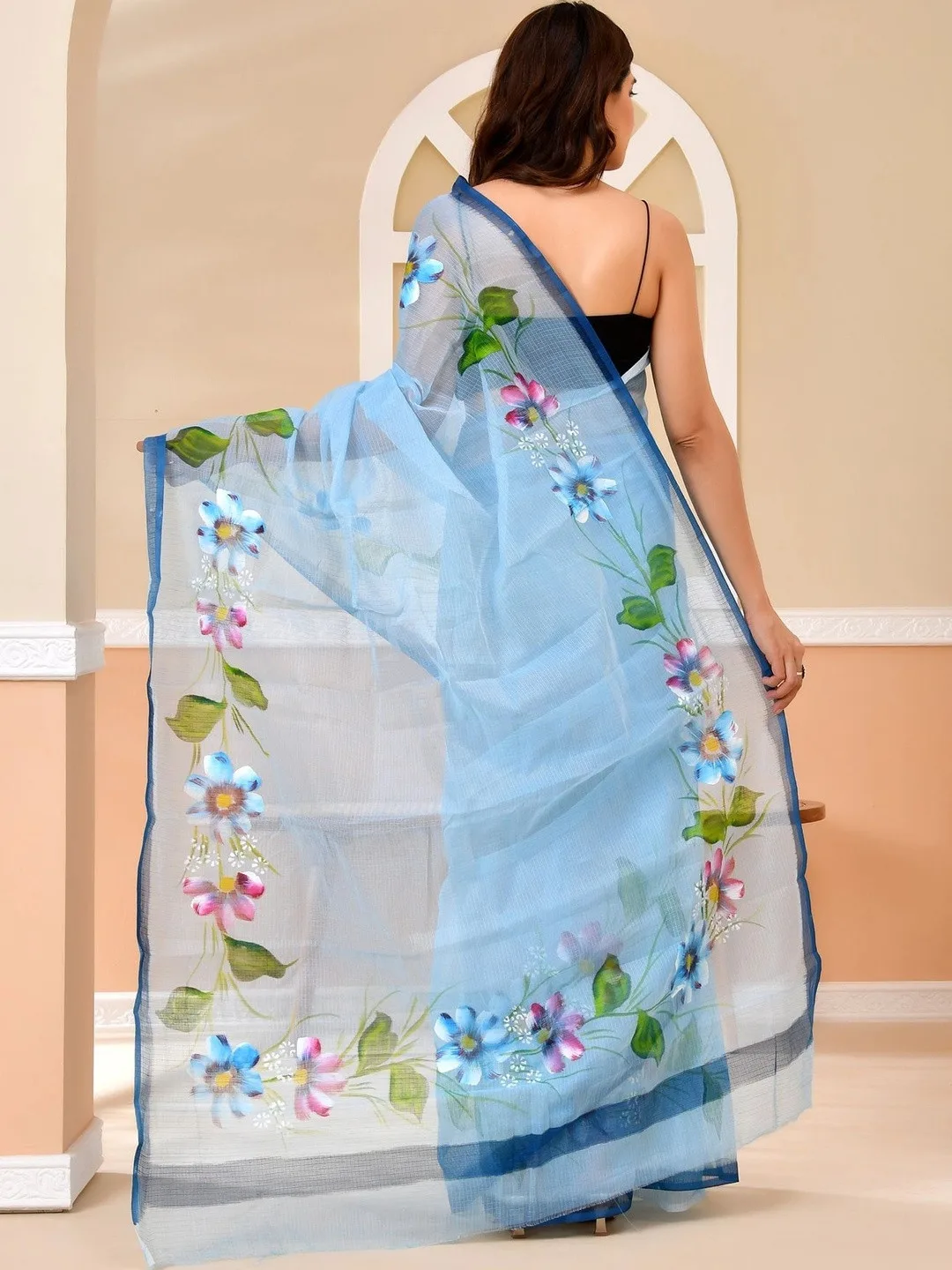 Blue Kota Doria floral printed saree — drape