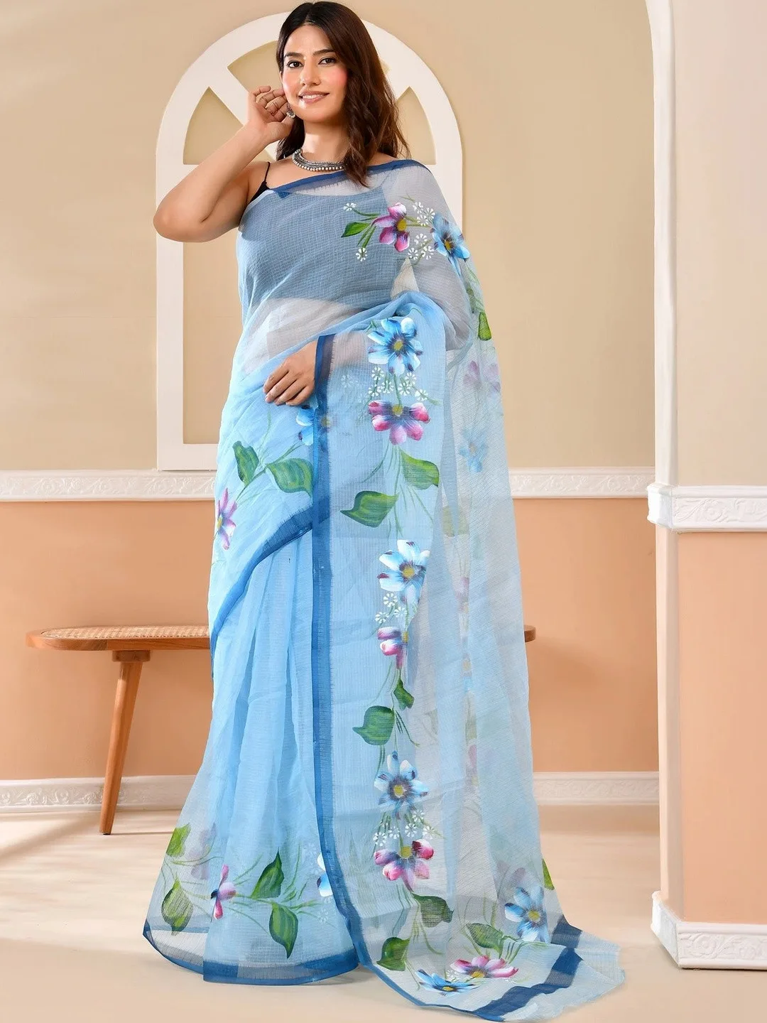 Blue Kota Doria Floral Printed Saree