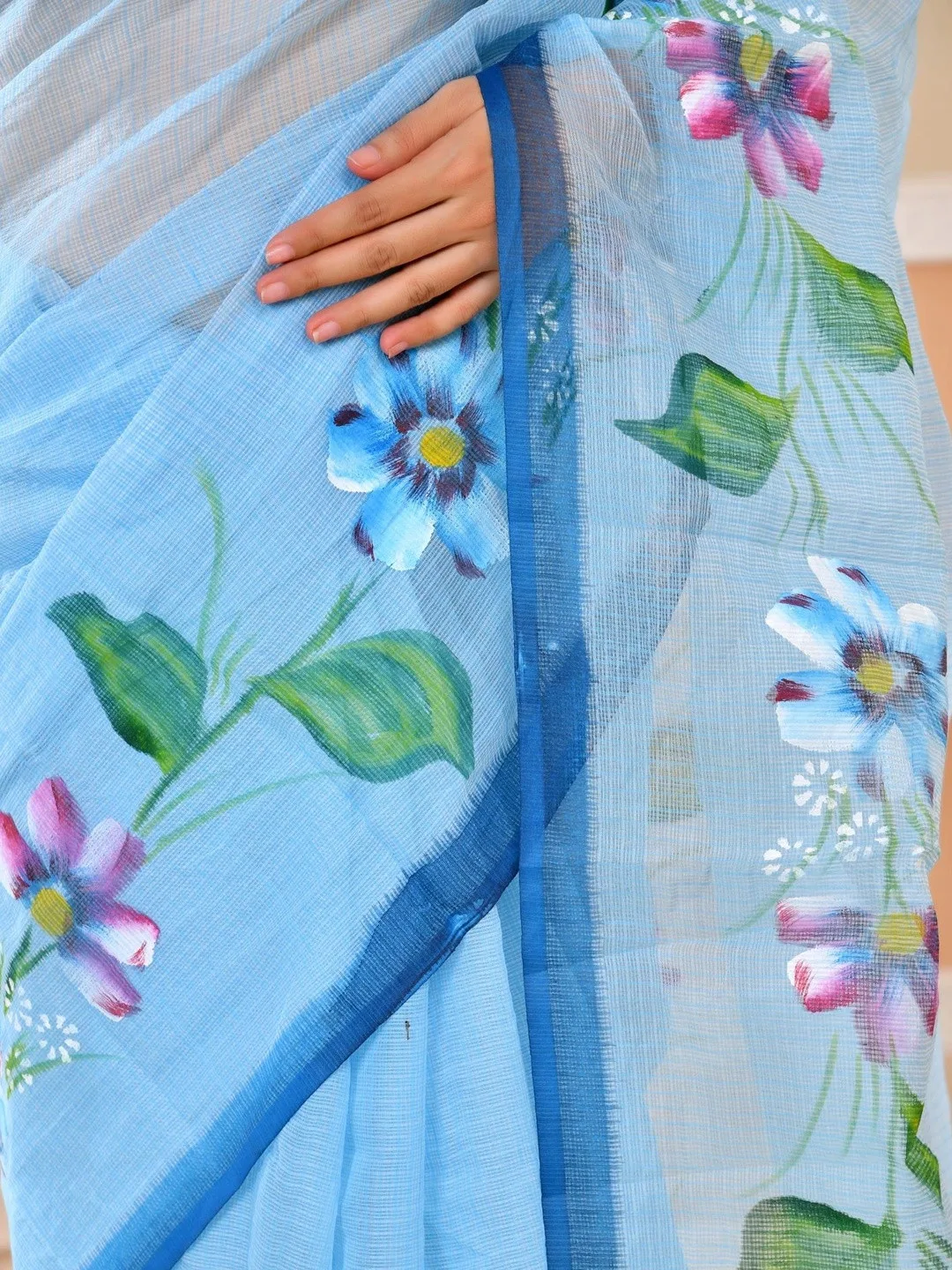Blue Kota Doria floral printed saree — side