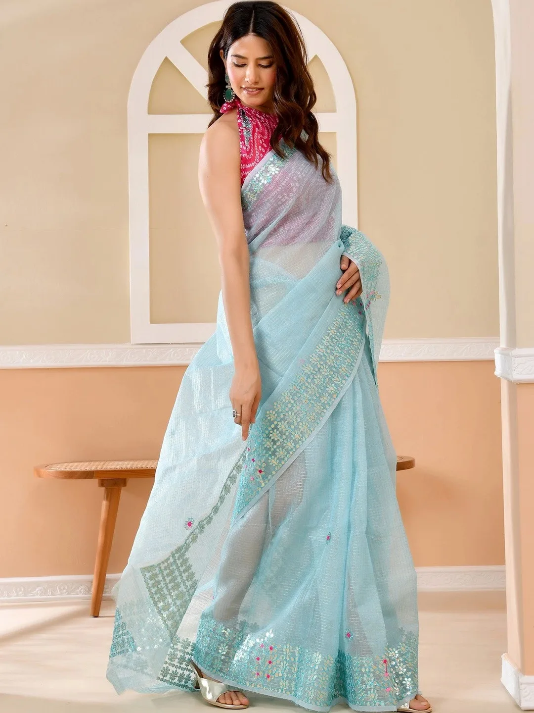 Blue Kota Doria gota patti saree — back