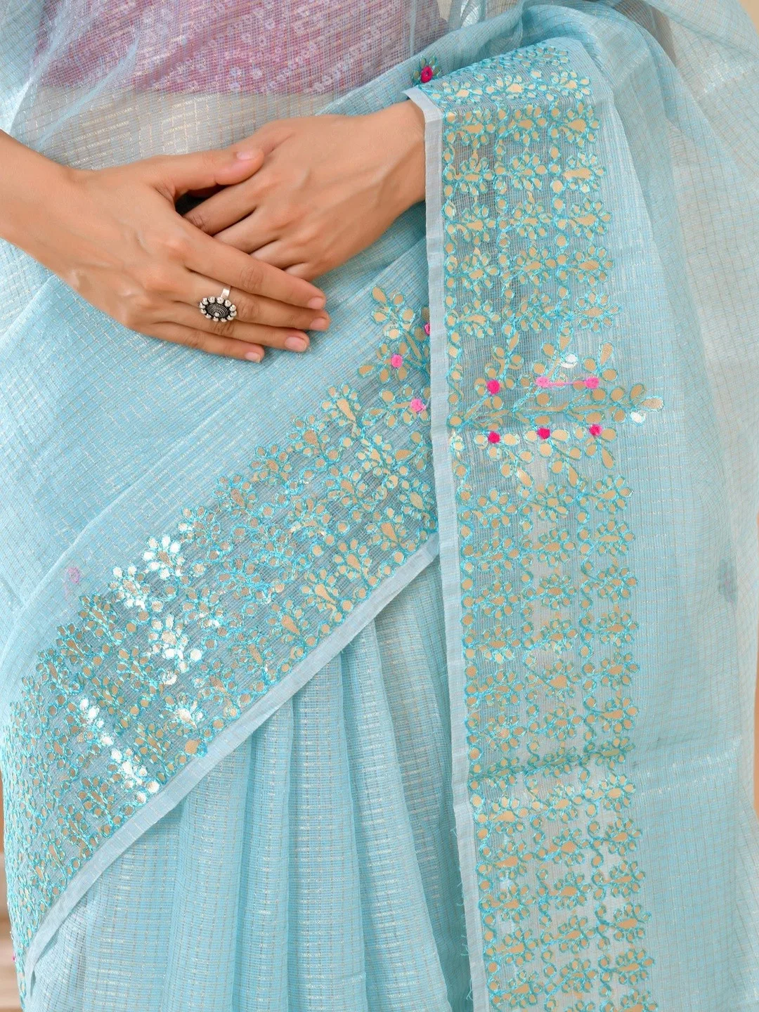 Gota patti and embellished border on blue Kota Doria — detail