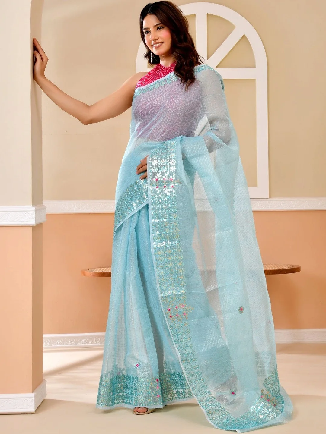 Blue Kota Doria gota patti saree — drape