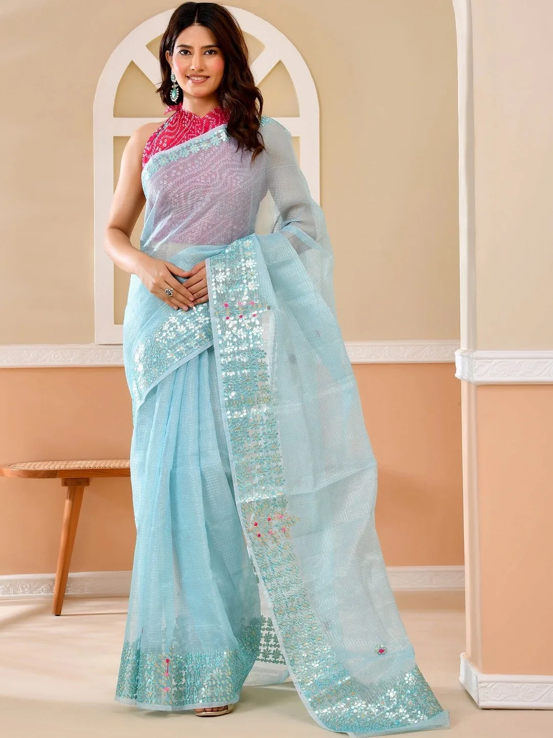 Blue Kota Doria Gota Patti Saree