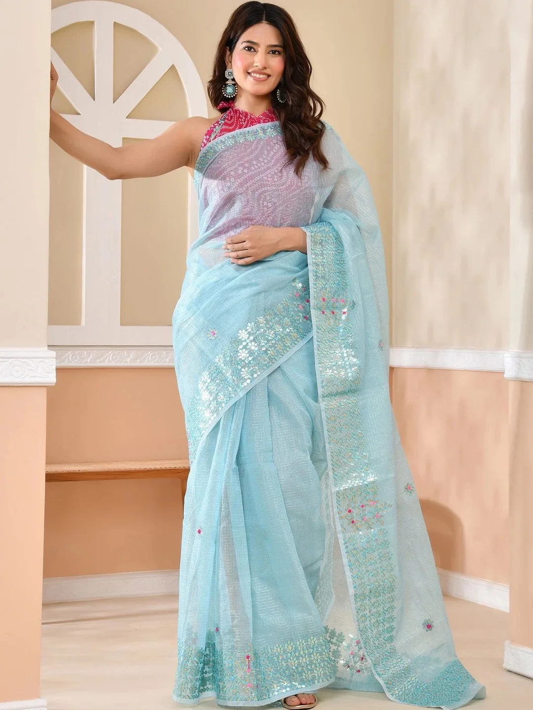 Blue Kota Doria gota patti saree — side