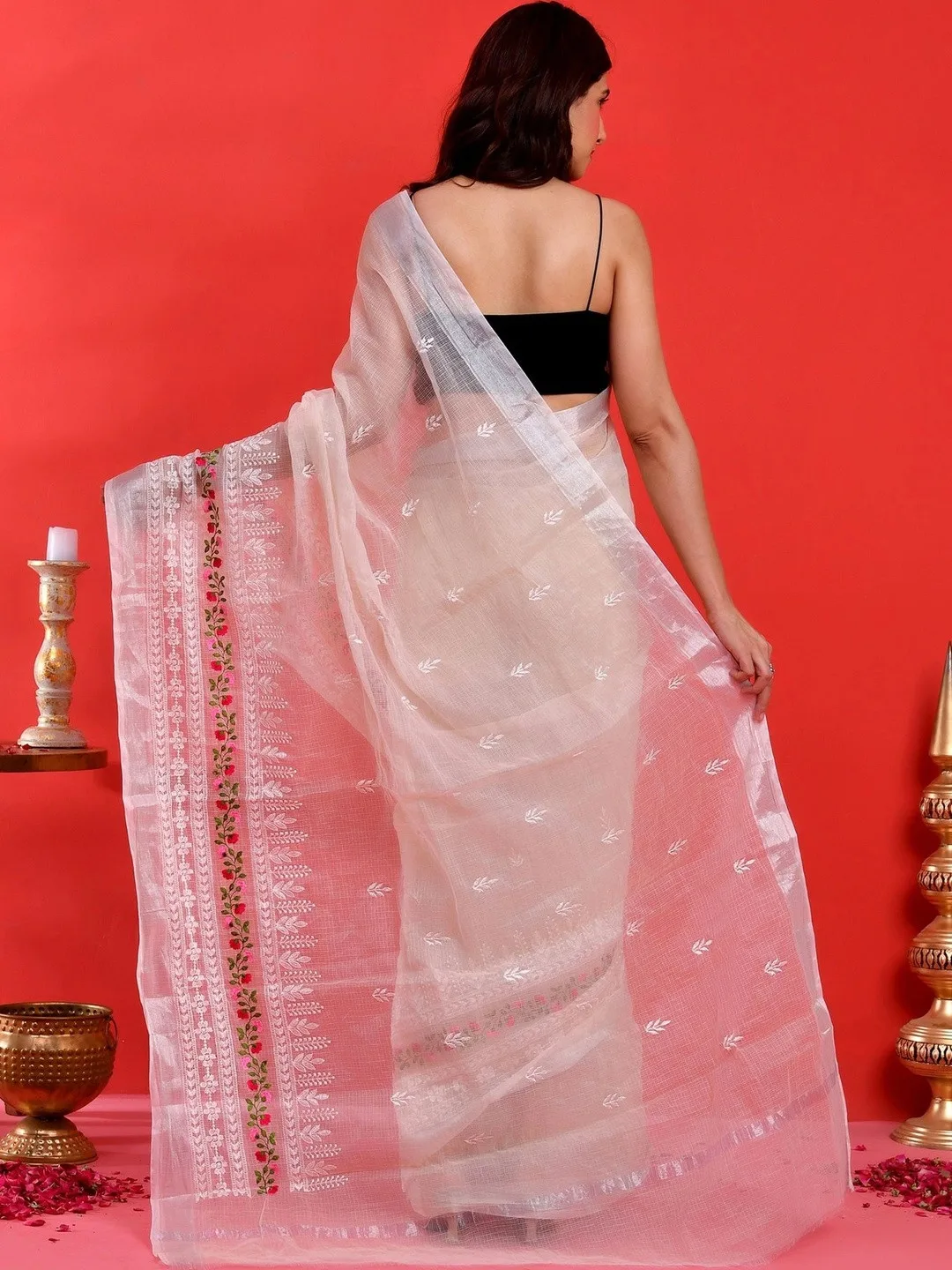 Cream Kota Doria floral embroidered saree — drape