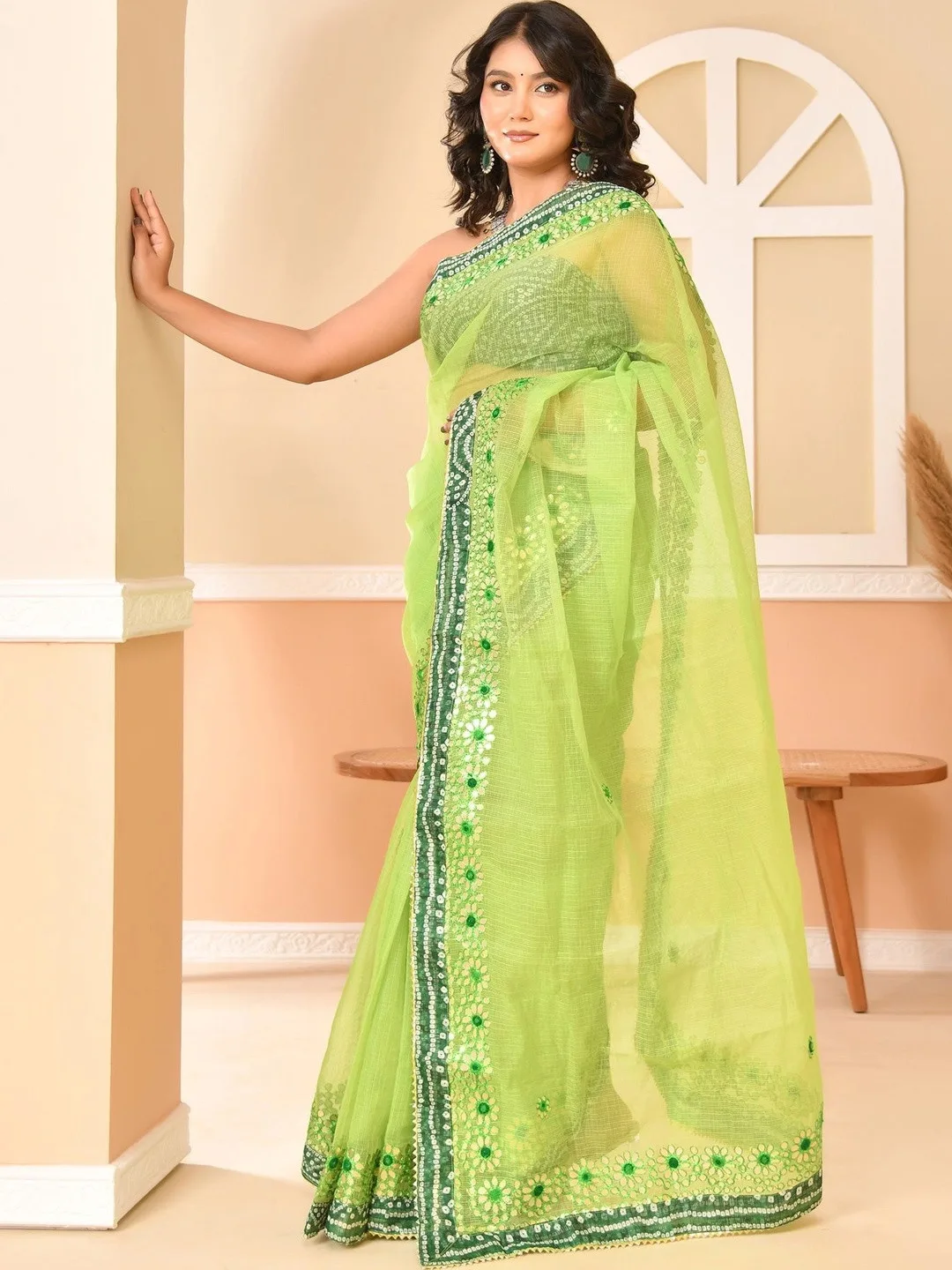 Green Kota Doria gota patti saree — back
