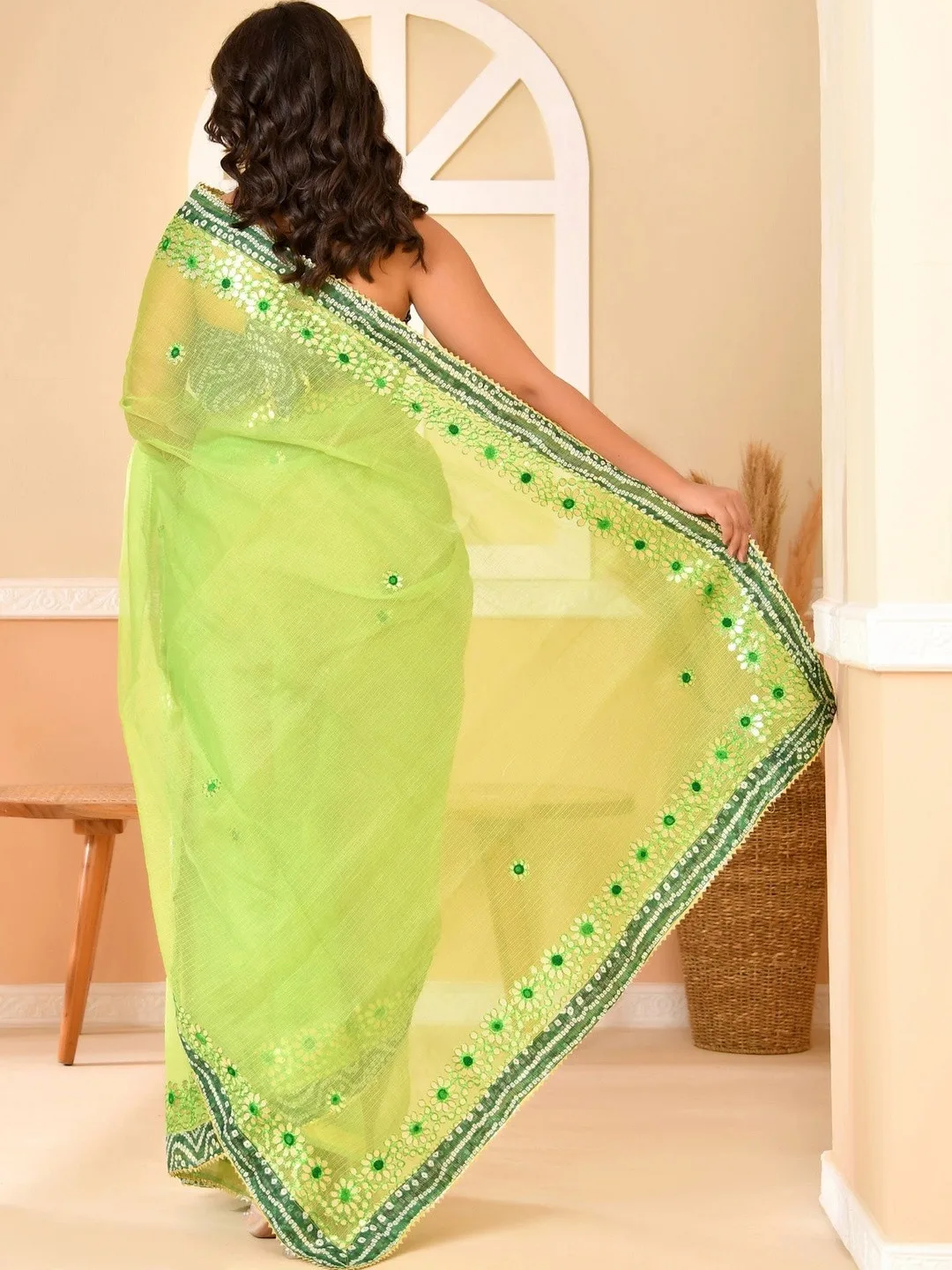 Green Kota Doria gota patti saree — drape