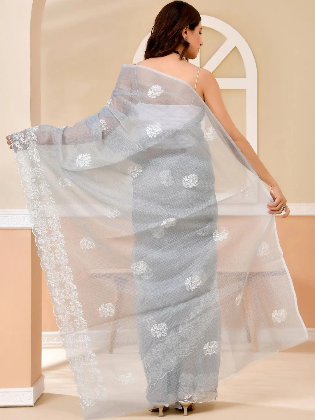 Grey Kota Doria floral embroidered saree — back