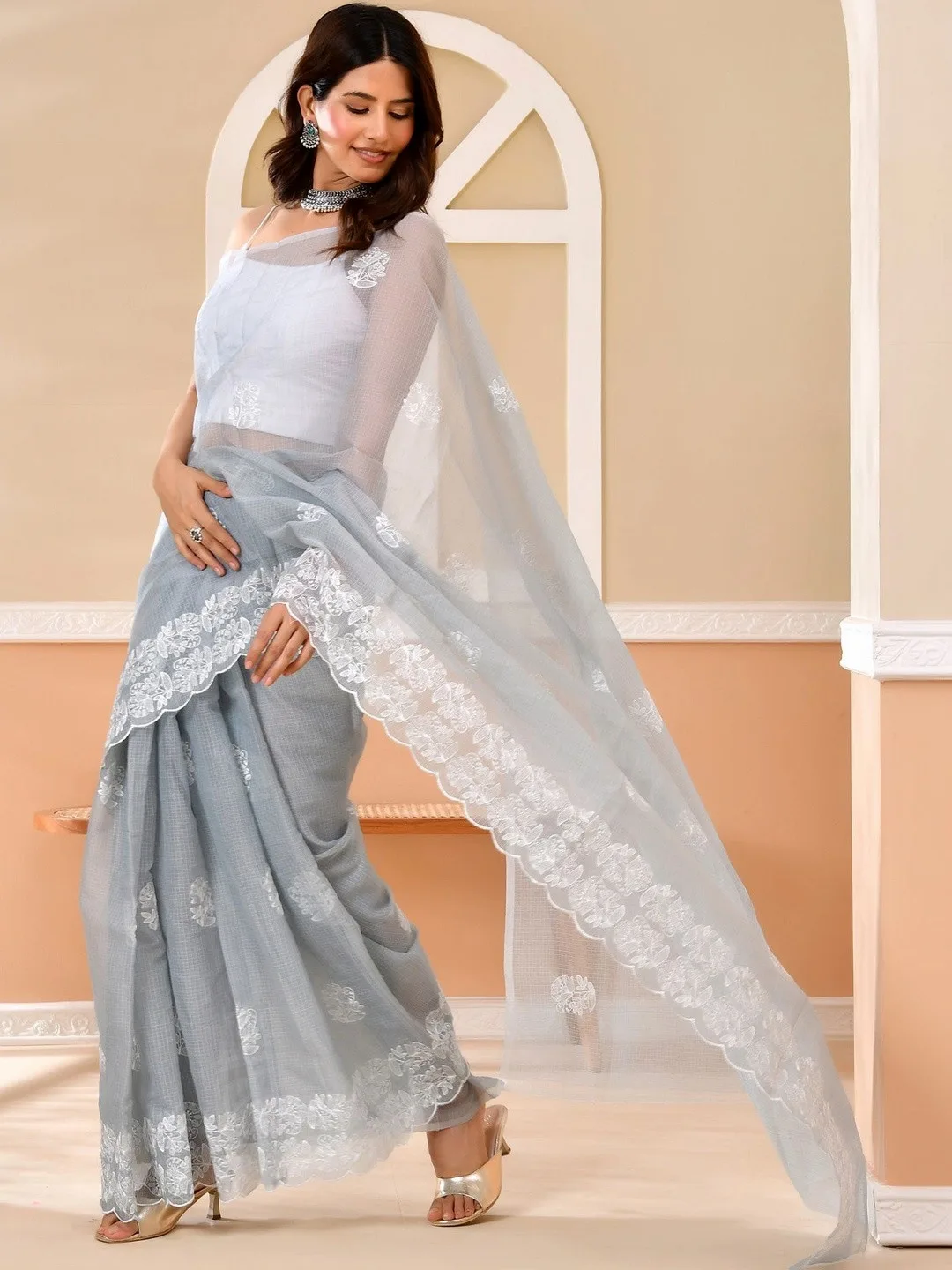 Grey Kota Doria floral embroidered saree — drape