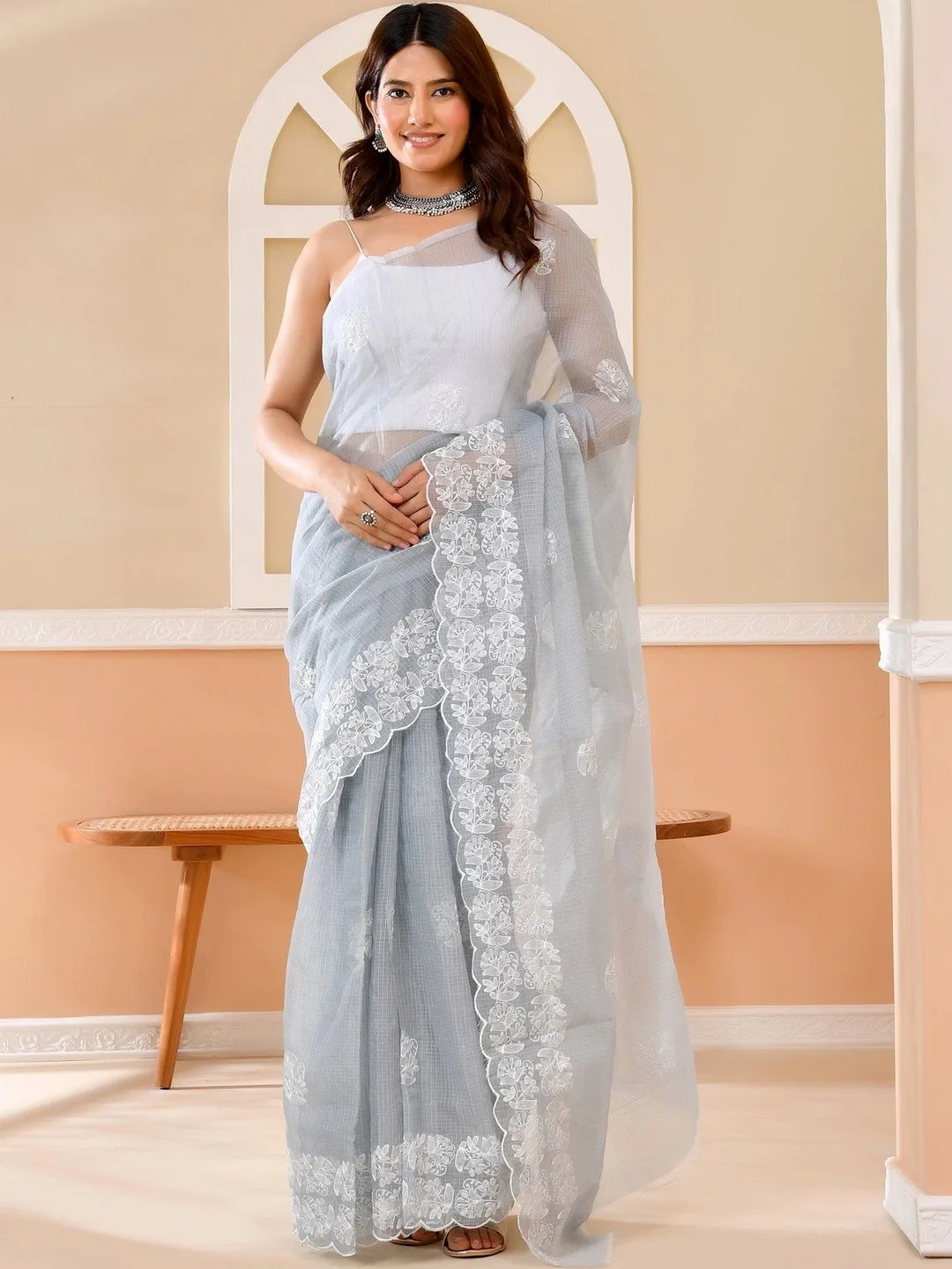 Grey Kota Doria Floral Embroidered Saree