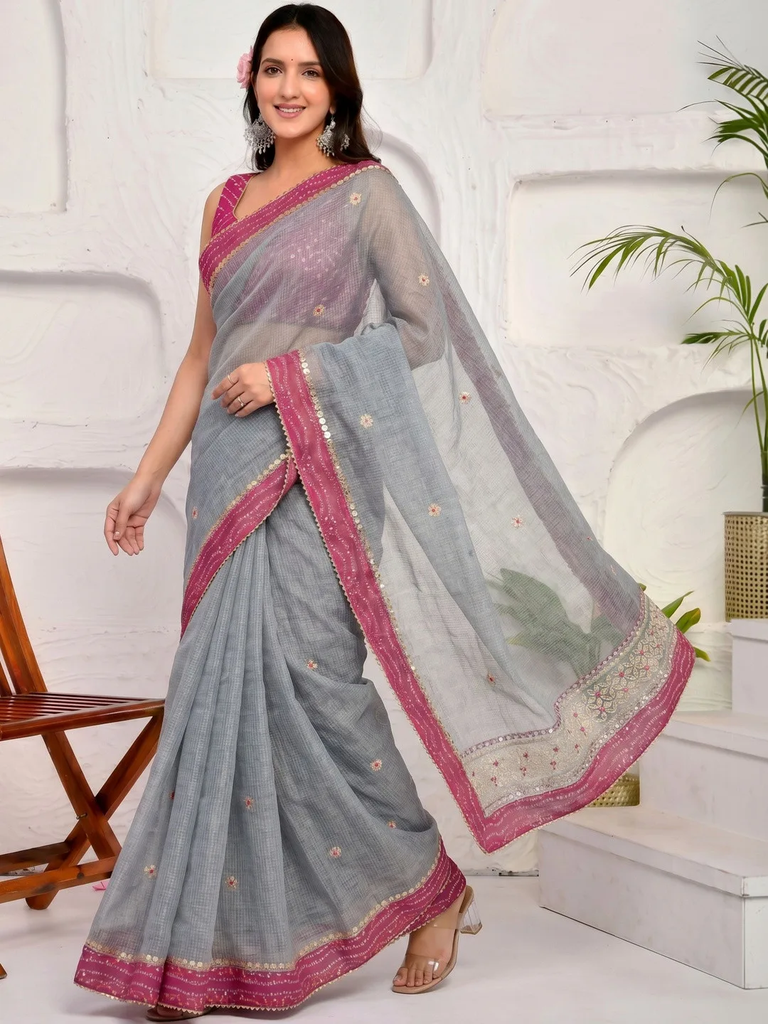 Grey Kota Doria gota patti saree — drape