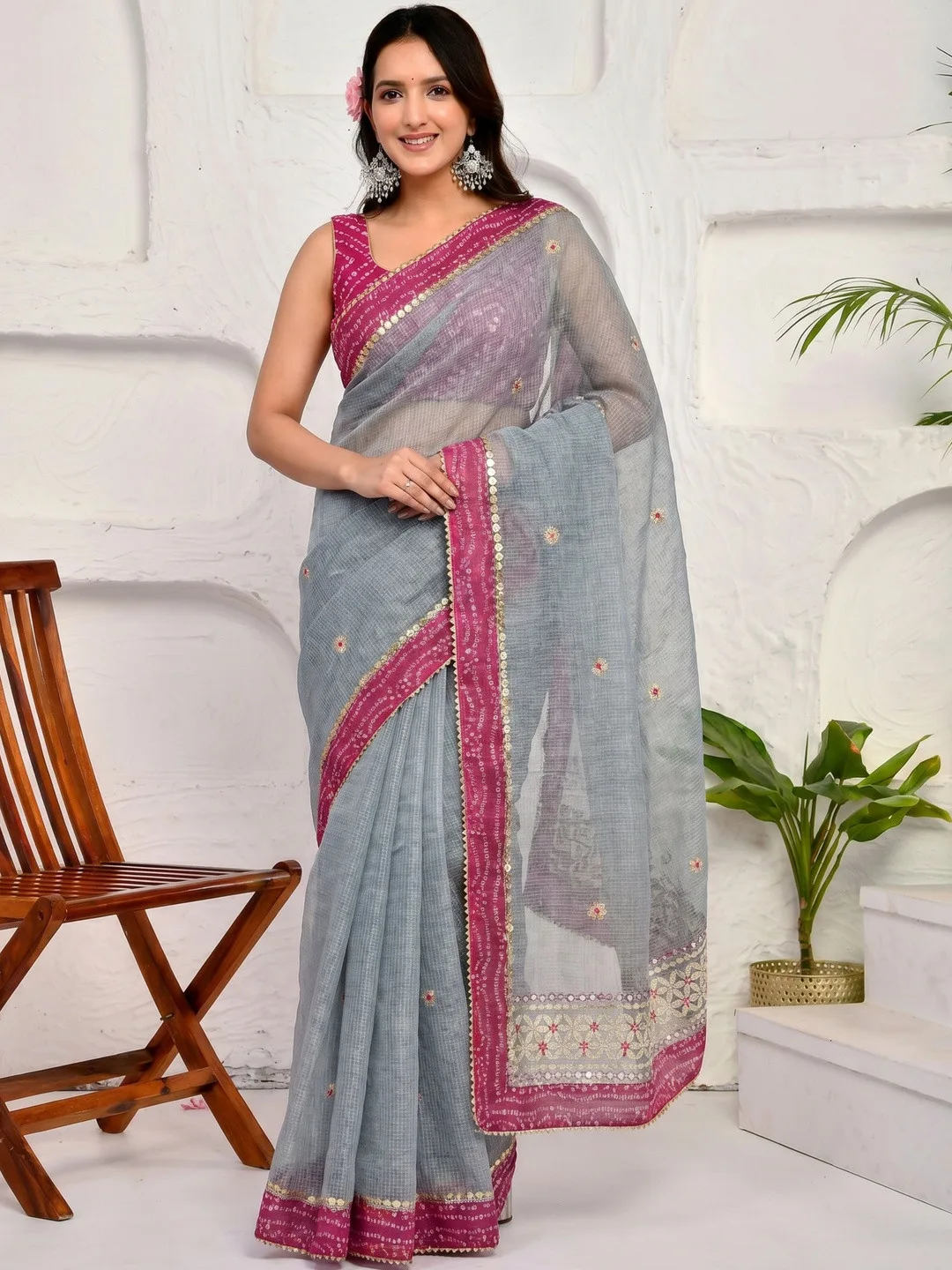 Grey Kota Doria Gota Patti Saree with Bandhani Border