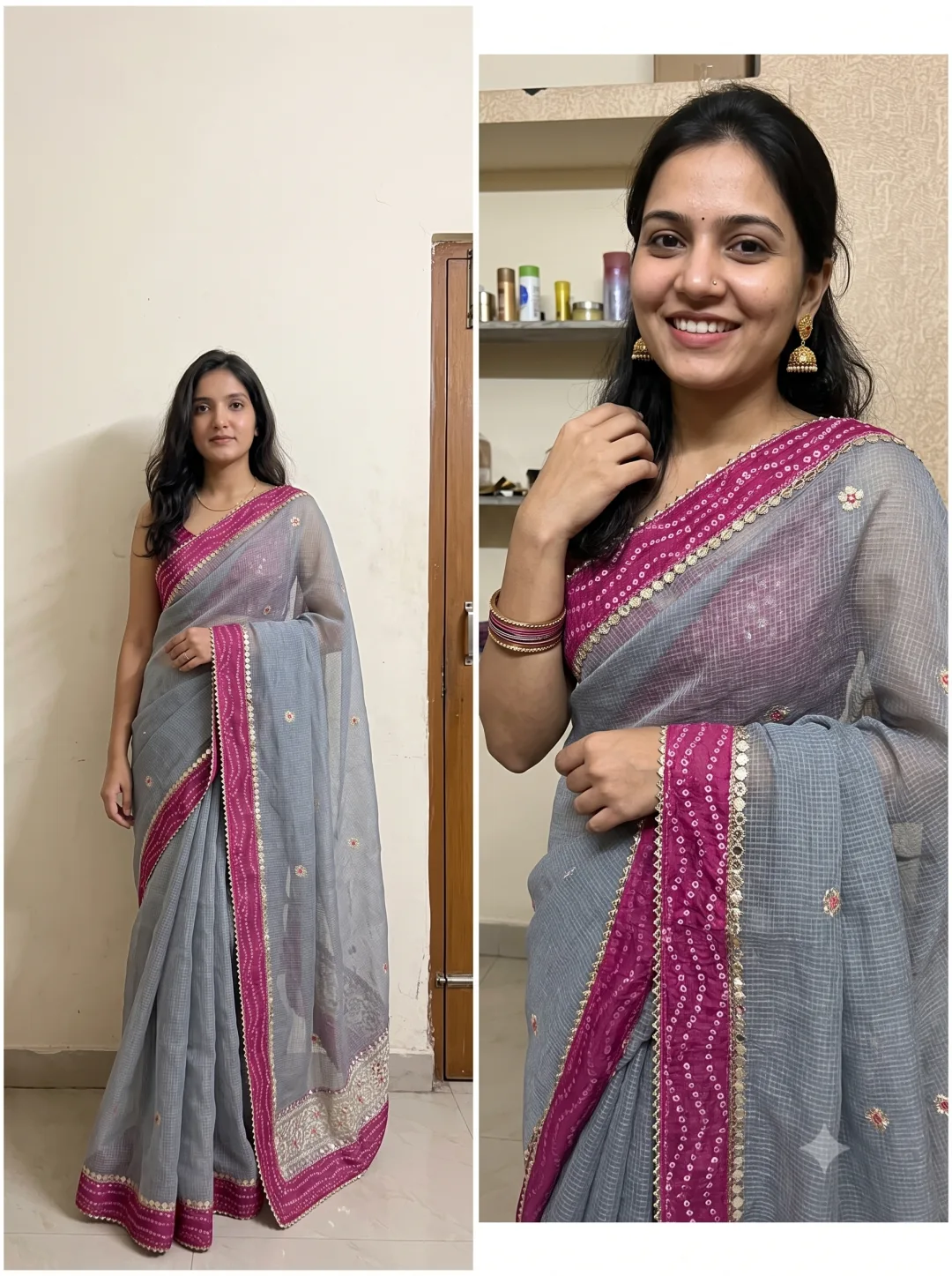 Customer wearing Grey Kota Doria Gota Patti Saree with Bandhani Border