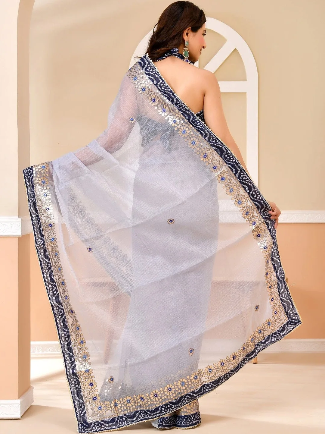 Grey Kota Doria gota patti saree with solid border — drape