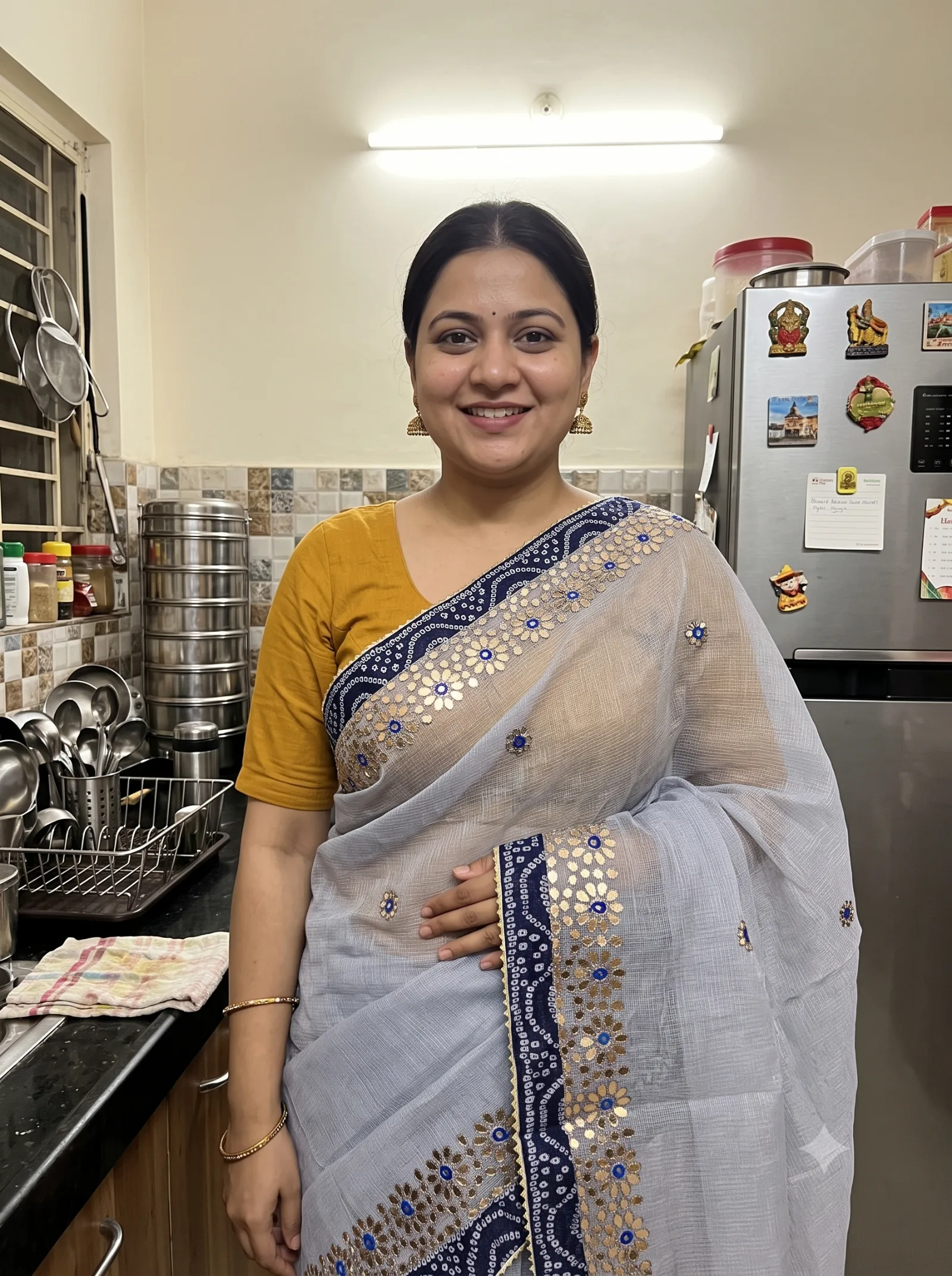 Customer wearing grey gota solid border saree