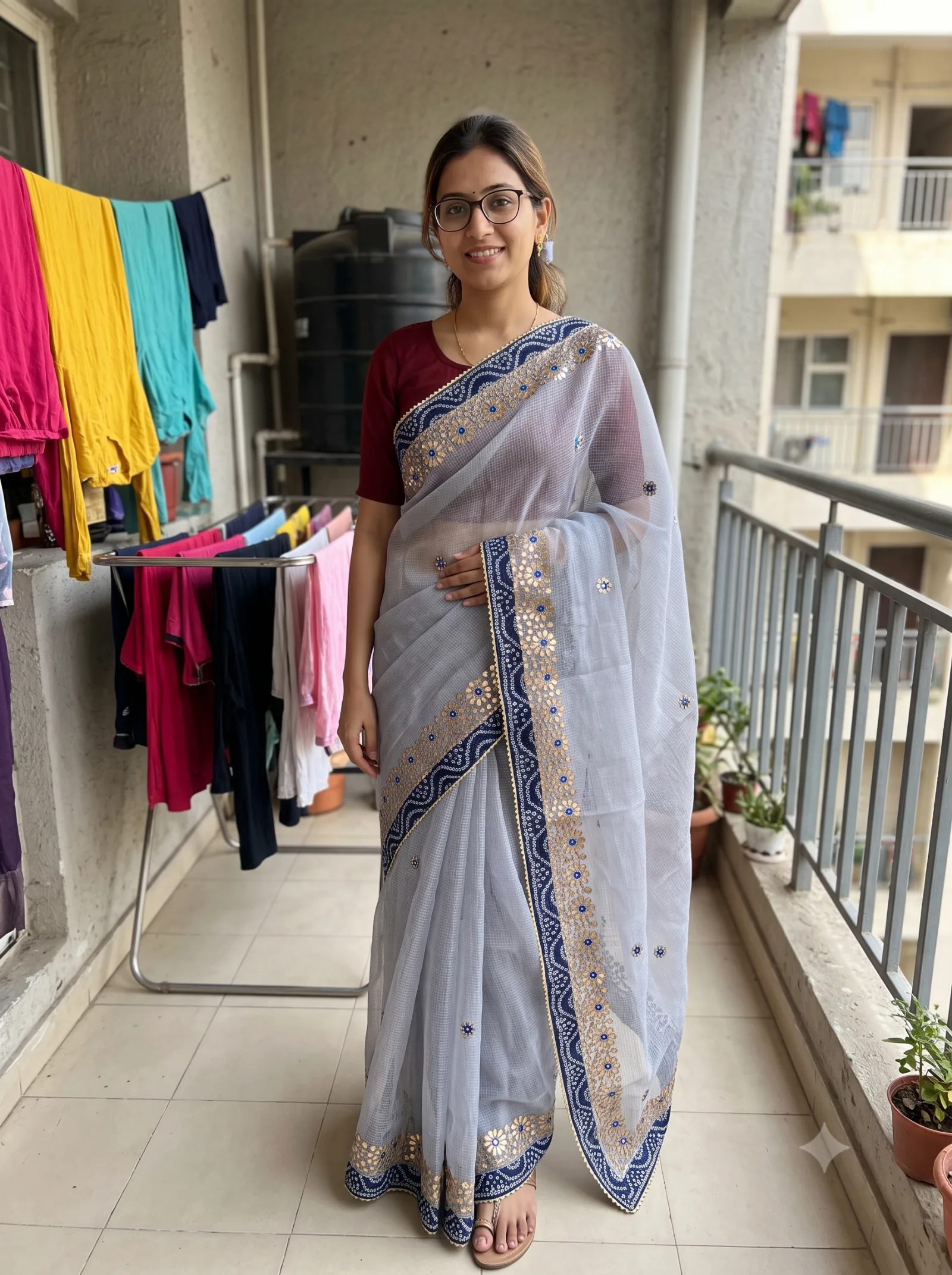 Customer wearing grey gota solid border saree