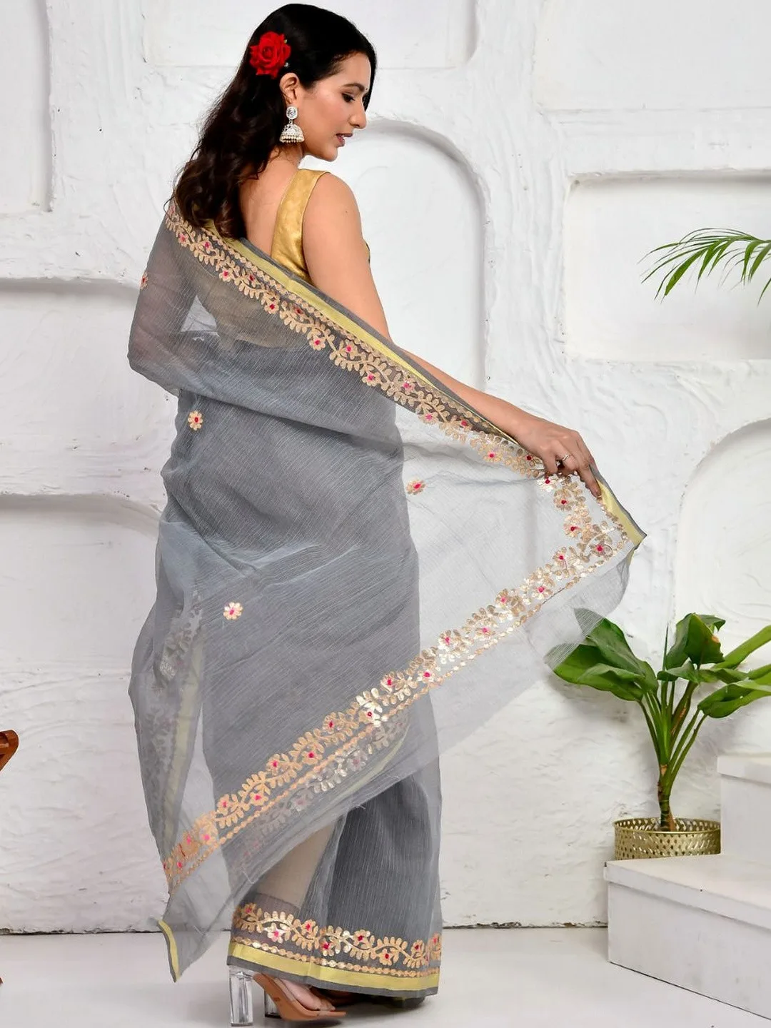 Grey Kota Doria gota patti saree with zari border — back