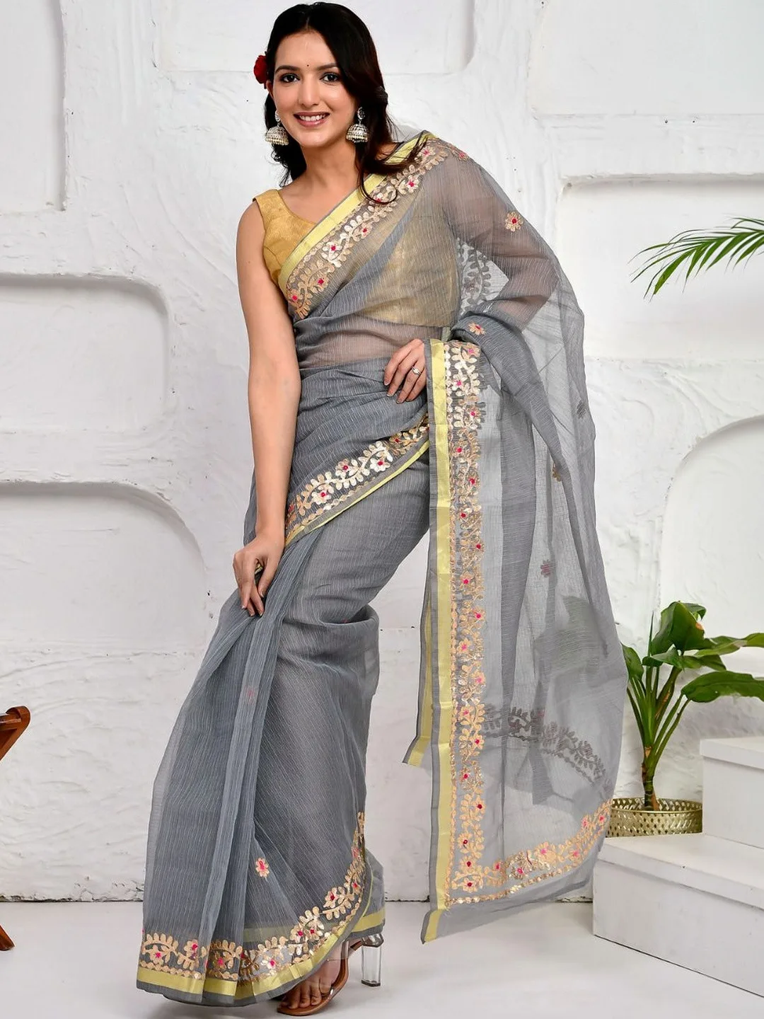 Grey Kota Doria Gota Patti Saree with Zari Border