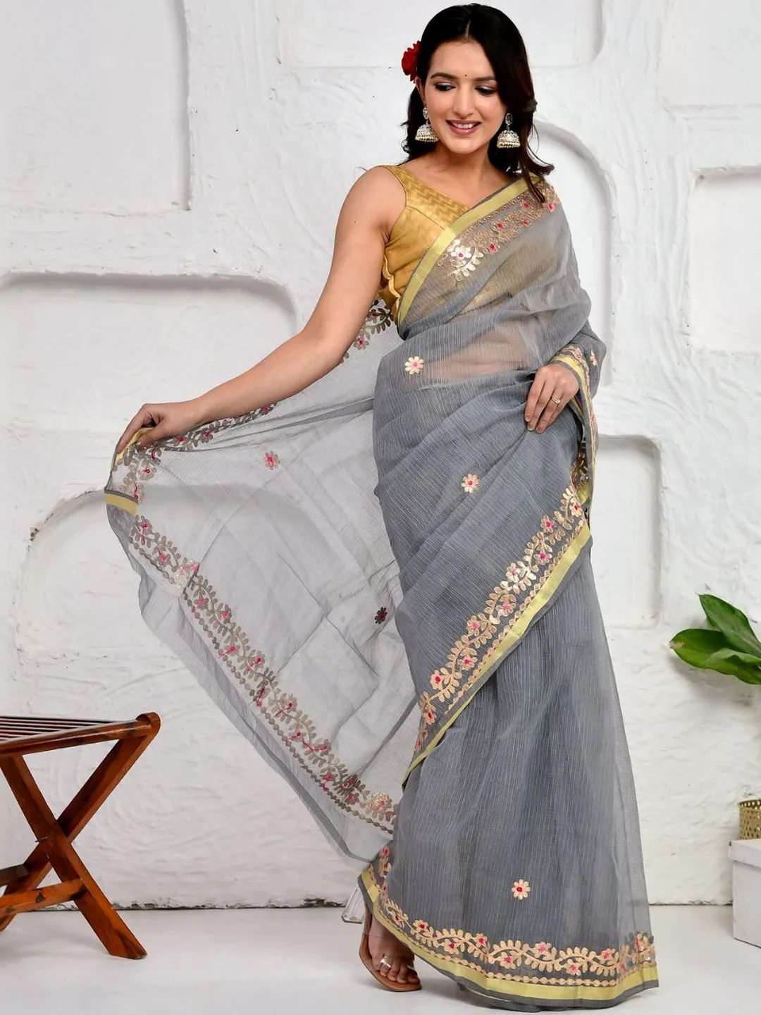 Grey Kota Doria gota patti saree with zari border — side