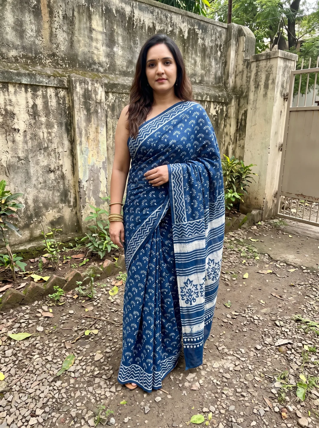 Customer wearing Indigo Pure Cotton Ethnic Motifs Printed Saree