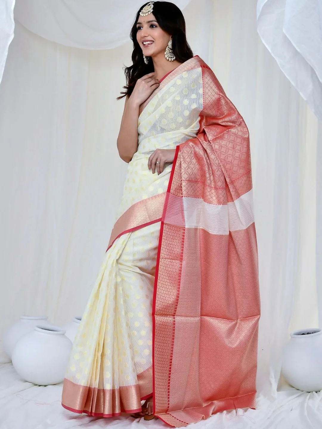 Off White Kota Doria Banarasi Saree