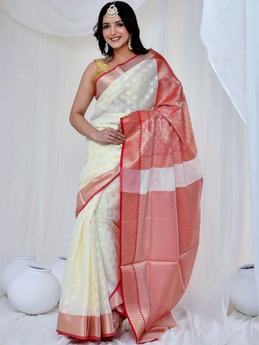 Off-white Kota Doria Banarasi saree — side