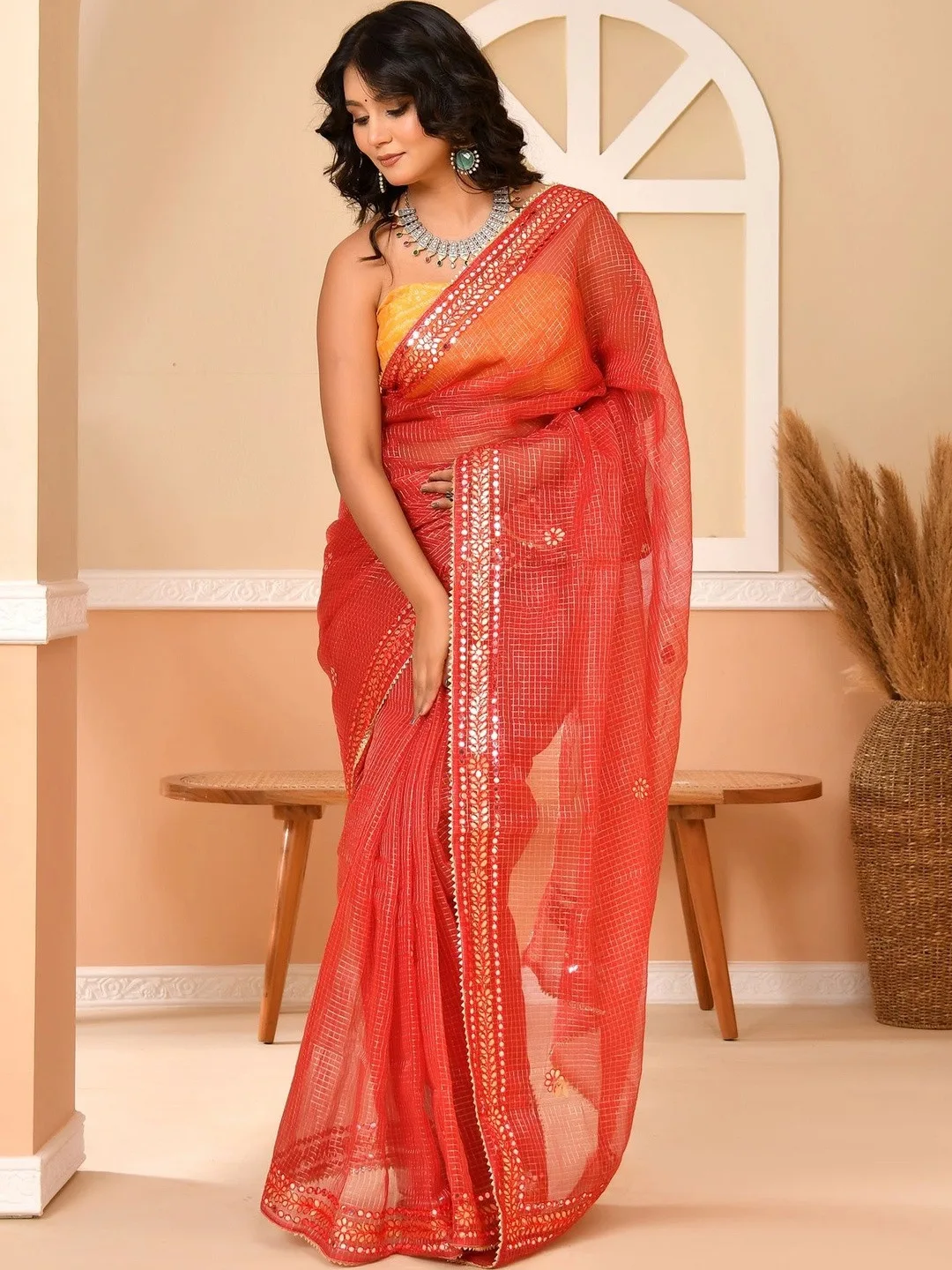 Orange Kota Doria gota patti saree — back
