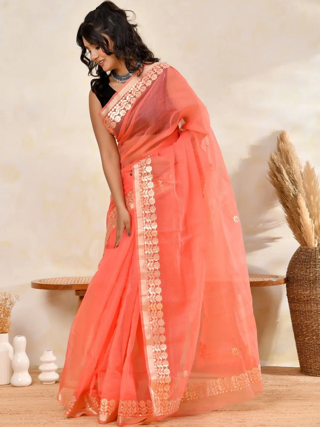 Peach Kota Doria zari saree — drape